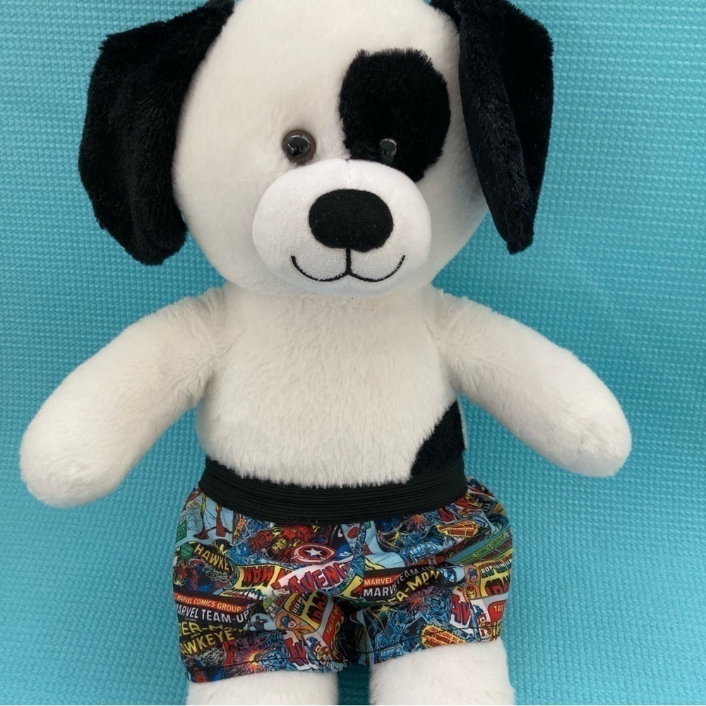 Build-A- Bear  White and Black Puppy  W/ Marvel Superhero Shorts